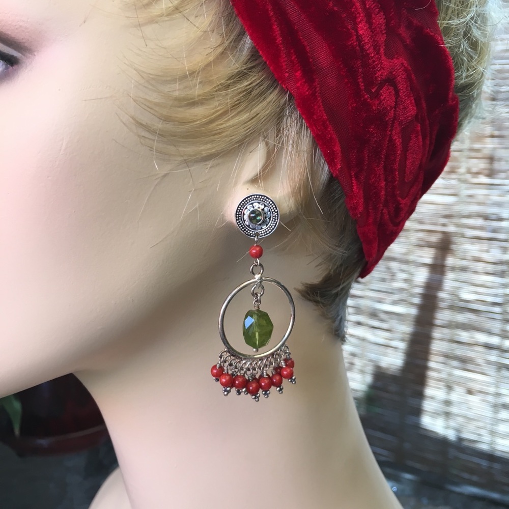 Faceted Peridot & Red Coral Hoop Posts